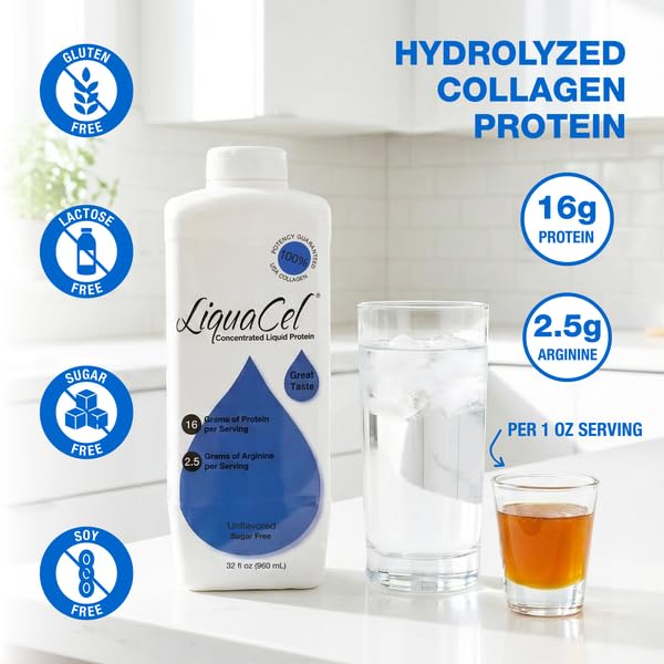 LiquaCel Concentrated Liquid Protein Unflavored Ready-to-Drink 16g Hydrolyzed Collagen Protein and 2.5g Arginine Per 1oz Serving Sugar &amp Gluten Free 32 fl oz Bottle