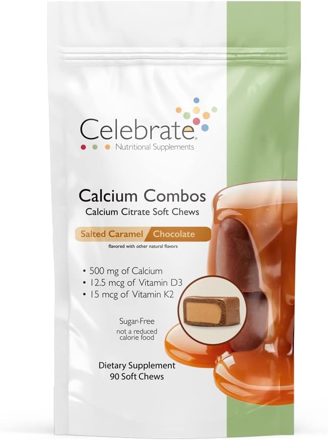 Celebrate Vitamins Bariatric 500mg Calcium Citrate Soft Chews Combo with 500 IU Vitamin D3 – Essential for Gastric Bypass Patients &amp Bone Health - Sugar &amp Gluten Free Caramel Chocolate (90 Ch