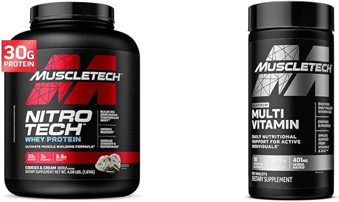 Muscletech Whey Protein Powder &amp Multivitamin for Immune Support - Nitro-Tech Muscle Building Formula with Whey Protein Isolate &amp Peptides 30g Protein 3g Creatine 6.8g BCAAs and Platinum M