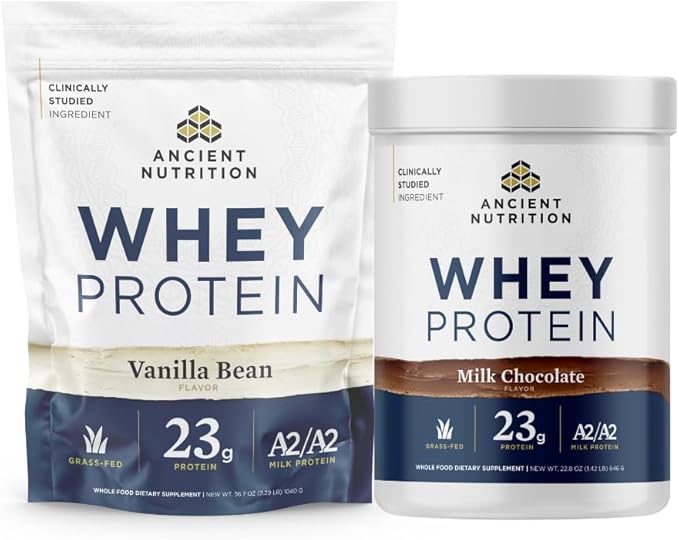 Ancient Nutrition Grass-fed Whey Protein Powder Vanilla Bean 35 Servings + Grass-fed Whey Protein Powder Milk Chocolate 20 Servings