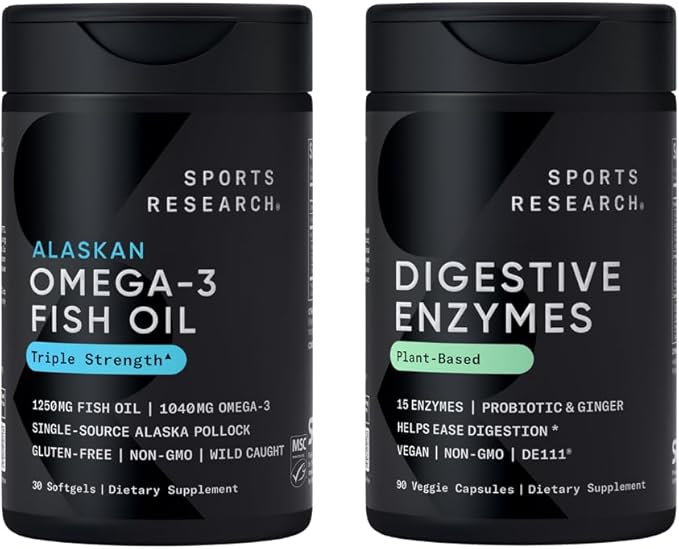 Sports Research Triple Strength Omega 3 EPA &amp DHA Fish Oil 1250mg Burpless Supplement (30 Softgels) and Digestive Enzymes with Probiotics &amp Ginger Plant Based Vegan Friendly (90 Veggie Capsule