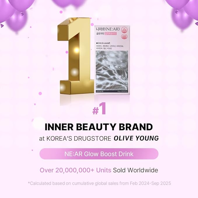 NE:AR Glow Boost Drink – 250mg Pure Glutathione + 500mg Vitamin C – Sugar-Free Beauty Powder for Skin Brightening &amp Hydration – Refreshing Flat Peach Flavor – Made in Korea