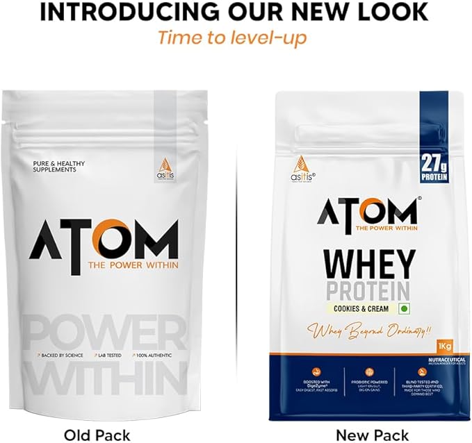 AS-IT-IS Atom Whey Protein 1kg/35.2 Oz With Digestive Enzymes | Usa Labdoor Certified for Accuracy &amp Purity | Cookies and Cream Flavor | 27g Protein | 5.7g Bcaaâ