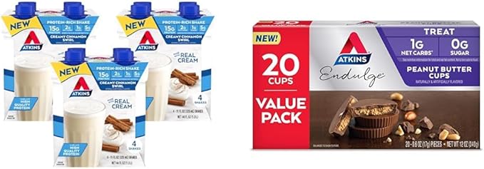 Atkins Creamy Cinnamon Swirl Protein Shake 15g Protein 12 Count and Atkins Endulge Peanut Butter Cups 20 Count Bundle