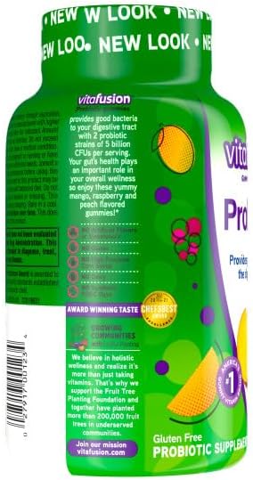Vitafusion Probiotic Gummies Supplement 5 Billion CFUs per Serving Supports Digestive Health Gluten-Free Natural Raspberry Peach &amp Mango Flavors 70 Count (Pack of 2)