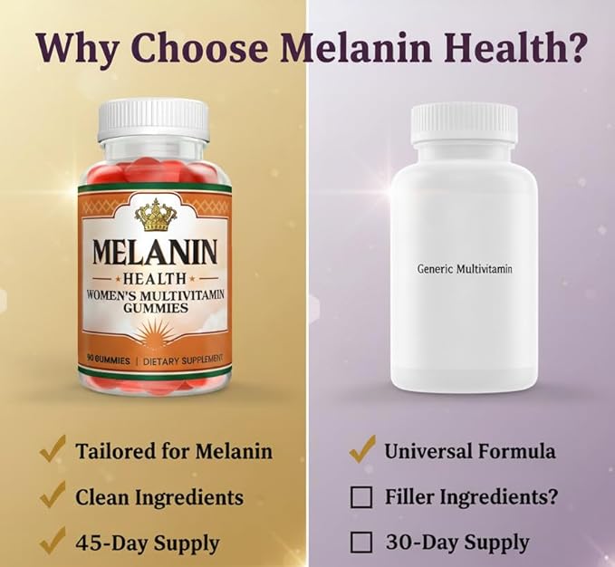 Melanin Health Women's Multivitamin Gummies – Immune Energy &amp Hair Skin Nails Support – Vitamins A C D3 E B6 B12 Biotin Zinc – Berry Flavor Non-GMO Gluten Free – 90 Gummies (45-Day Suppl