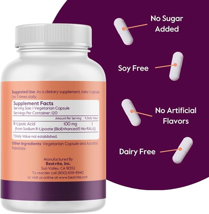BESTVITE R-Lipoic Acid 100mg Stabilized with Bio-Enhanced® Na-RLA (120 Vegetarian Capsules) No Stearates - No Flow Agents - Vegan - Non-GMO - Gluten Free