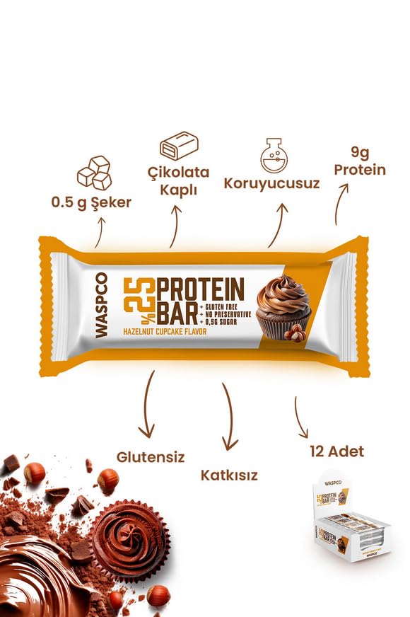 (12 Count) Protein Bars HAZELNUT CUPCAKE Gluten Free with 9g Protein and 0.5g Sugar36 G