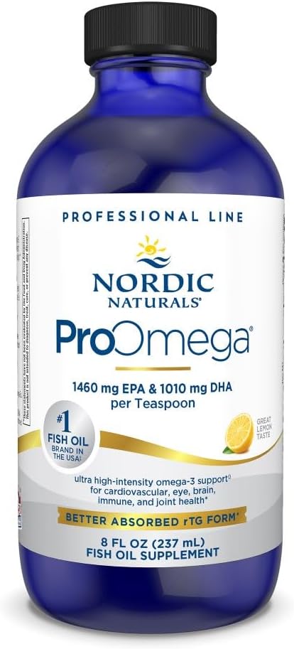 Nordic Naturals ProOmega Liquid Lemon Flavor - 8 oz - 2840 mg Omega-3 - High Potency Fish Oil with EPA &amp DHA - Promotes Brain Eye Heart &amp Immune Health - Non-GMO - 48 Servings