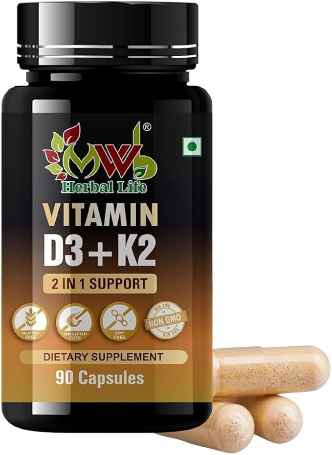 Vitamin D3 K2 Capsules | 90 Veg Capsules | 2 in 1 Support for Heart Health | Strong Bones &amp Muscle Strength | Immunity &amp Mood Booster | Dietary Supplement