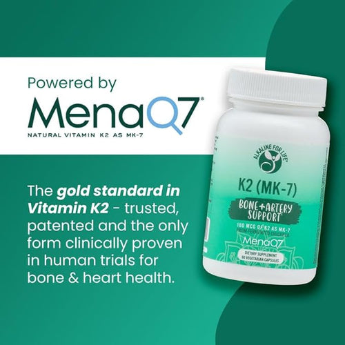 Alkaline for Life Vitamin K as MK-7| Natural Vitamin K2 from Fermented Chickpeas MENAQ7 180 mcg |One-per Day| 60 Day Supply Supports Bone &amp Heart Health | Easy to Swallow