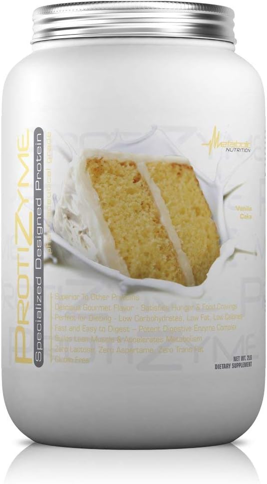 Metabolic Nutrition | Protizyme | 100% Whey Protein Powder | High Protein Low Carb Low Fat with Digestive Enzymes 24 Essential Vitamins and Minerals | Vanilla Cake 2 Pound