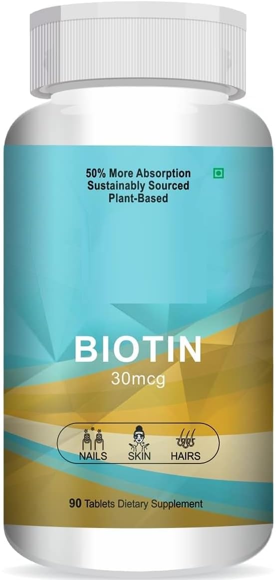 Biotin 30mcg Supplement for Hair Growth Strong Hair and Glowing Skin Fights Nail Brittleness 90 Tablets