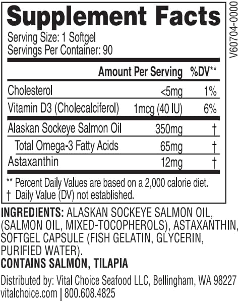 Vital Choice MSC Astaxanthin in Wild Alaskan Sockeye Salmon Oil Dietary Supplement 90 Softgels