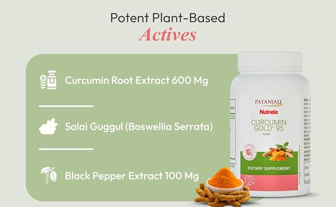 patanjali Nutrela Curcumin Gold+ with Salai Guggul &amp Black Pepper | 95% Curcuminoids Turmeric Supplement | High-Strength Joint &amp Inflammation Support | 120 Vegetarian Capsules