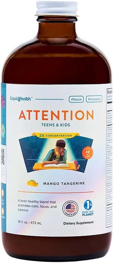 LIQUIDHEALTH Attention Liquid Multivitamin for Kids &amp Teens - Improves Memory Retention Concentration Focus Mood Relaxation &amp Calming - Made in The USA Great Taste Vegan Sugar-Free (16
