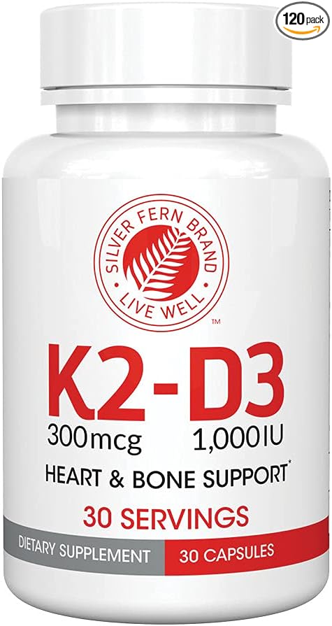 Silver Fern Vitamin K2-D3 Supplement Brand - Natural Non-Synthetic - K2-7 as Menaquinone-7 (MK-7) - D3 as cholecalciferol - Bone Heart &amp Energy Support (2 Bottles - 60 Capsules - 60 Servings)