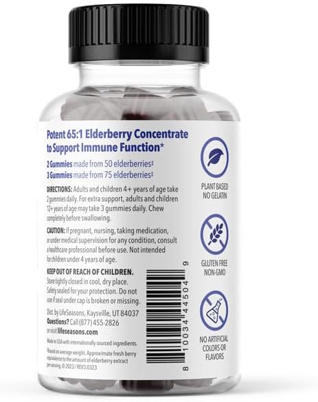 LifeSeasons Clinical Immunity - Elderberry Gummies - Supports a Healthy Immune System - 25 Elderberries Per Gummy - Maltodextrin-Free - Vitamin C Vitamin D3 Zinc &amp Elderberry Extract - 75 Gummie