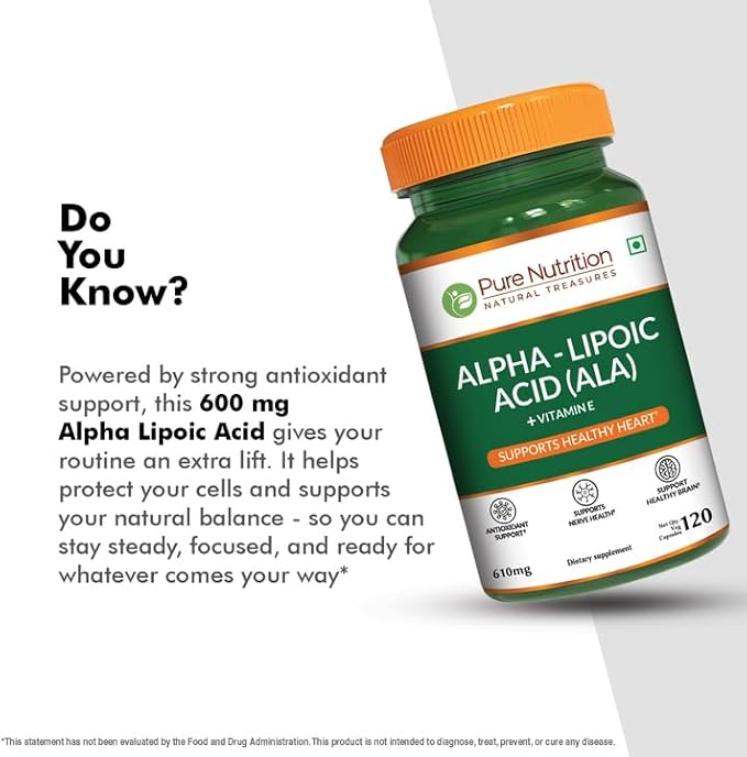 Pure Nutrition Alpha Lipoic Acid 600mg + Vitamin E | 120 Caps | Powerful Antioxidant to Support Nerve &amp Heart Health*. | Non-GMO