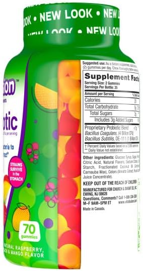 Vitafusion Probiotic Gummies Supplement 5 Billion CFUs per Serving Supports Digestive Health Gluten-Free Natural Raspberry Peach &amp Mango Flavors 70 Count (Pack of 2)