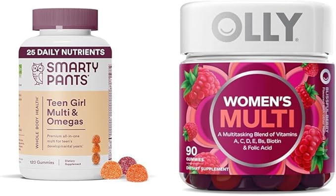 SmartyPants Teen Girl Multivitamin Gummies with Omega 3 Fish Oil Vitamins D3 C B12 B6 A K Zinc &amp OLLY Women's Multivitamin Gummy with Vitamins A D C E Biotin Folic Acid Berry Flavor