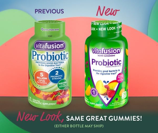 Vitafusion Probiotic Gummies Supplement 5 Billion CFUs per Serving Supports Digestive Health Gluten-Free Natural Raspberry Peach &amp Mango Flavors 70 Count (Pack of 2)
