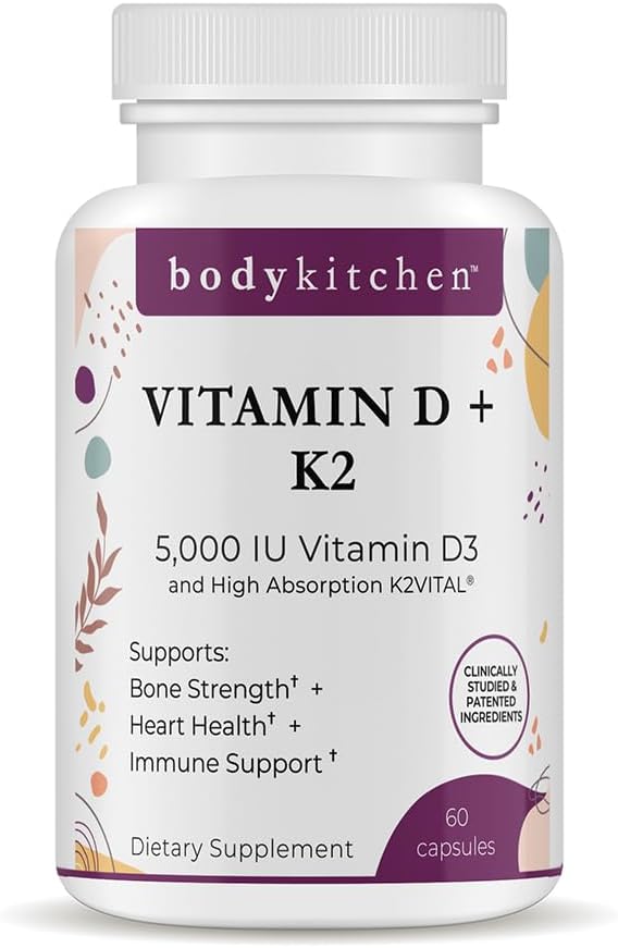 Body Kitchen Vegan Plant-Based Vitamin D3 + K2 (MK7) Supplement Bone and Heart Health Non-GMO 5000 IU Vitamin D &amp 180 mcg Vitamin K2 MK-7 Easy to Swallow Veggie Caps 60 Count