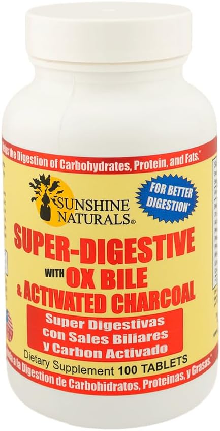 Sunshine Naturals Super Digestive Supplement. Ox Bile &amp Activated Charcoal for Digestive Support Bloating Relief Gut Cleanse Nutrient Absorption and Overall Wellness. 100 Tablets. Pack of 5