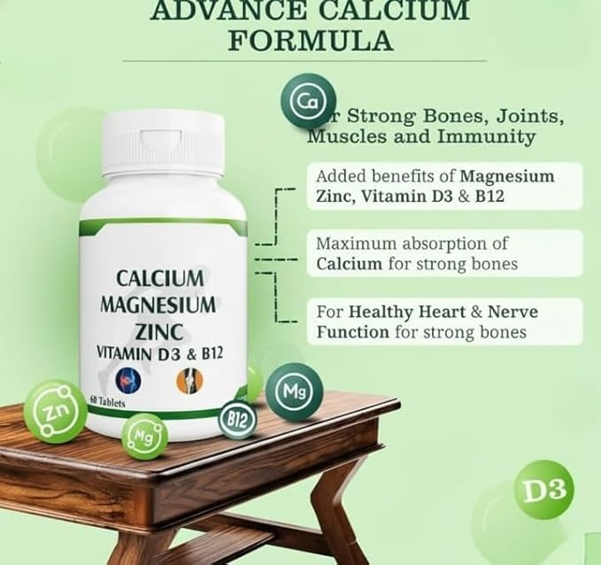 Calcium Supplement 1000 mg with Vitamin D Magnesium Zinc &amp Vitamin B 12 for Men &amp Women/for Immunity &amp Joint Support - 60 Tablets