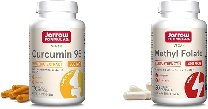 Jarrow Formulas Curcumin 95 500mg and Methyl Folate 400mcg Antioxidant and Cardiovascular Health Support Dietary Supplement Bundle 120 and 60 Veggie Capsules