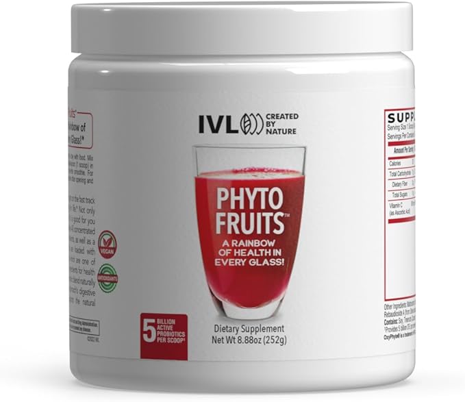 IVL - Phyto Fruits Superfood Powder - Support Energy - Digestive &amp Probiotic - Antioxidant - Vegan - 40 Fruits and Nutrients Plus 6 Probiotic Strains (30 Servings 8.88 oz)