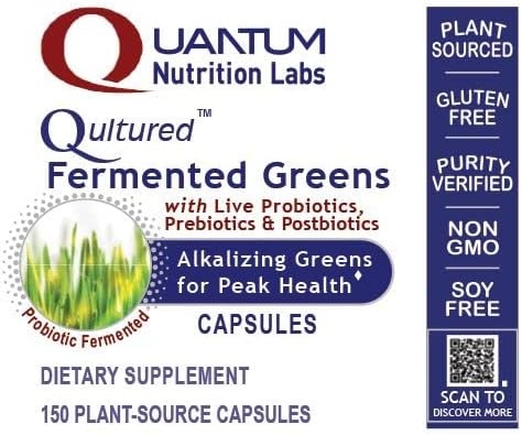 Quantum Nutrition Labs Quantum Fermented Greens- Super Greens Supplement Superfood Blend Organic Vitamins with Probiotic - Daily Greens with Spinach Chlorella and More - 150 Powder Filled Capsules