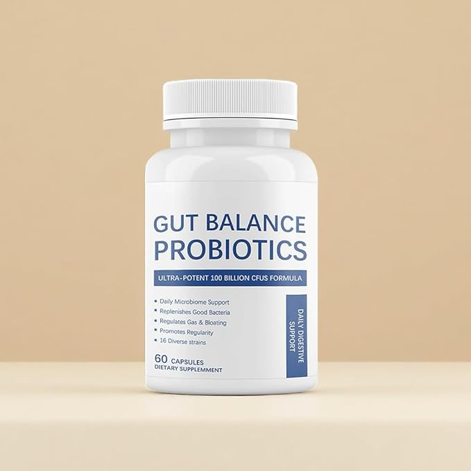 Gut Balance Probiotics 100 Billion CFU Capsules Suitable for Adults - 16 Diverse Strains Daily Digestive and Immune Support Relieves Gas Bloating &amp Promotes Regularity - 60 Vegan Capsules