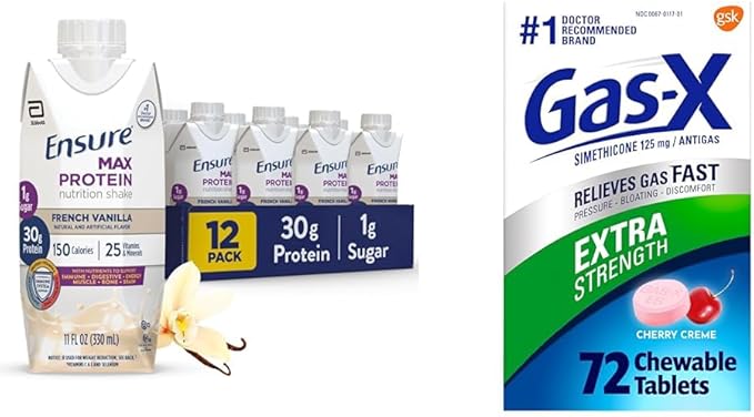 Ensure Max Protein Nutrition Shake with 30g Protein &amp Gas-X Extra Strength Chewable Gas Relief Tablets with Simethicone 125 mg 72 Count