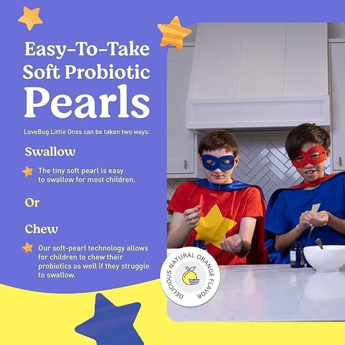 LOVEBUG Probiotics for Kids - Kids Probiotic Chewables with Prebiotics for Aged 4+ Daily Children’s Gut Health Constipation Digestive &amp Immune Support Supplement Sugar-Free 120 Soft Pearls
