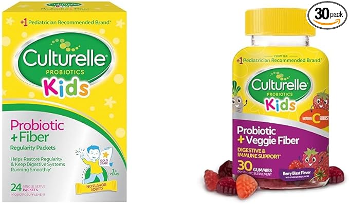 Culturelle Kids Probiotic + Fiber Packets (Ages 3+) - 24 Count - Digestive Health &amp Immune Support &amp Daily Probiotic for Kids + Veggie Fiber Gummies (Ages 3+) - 30 Count