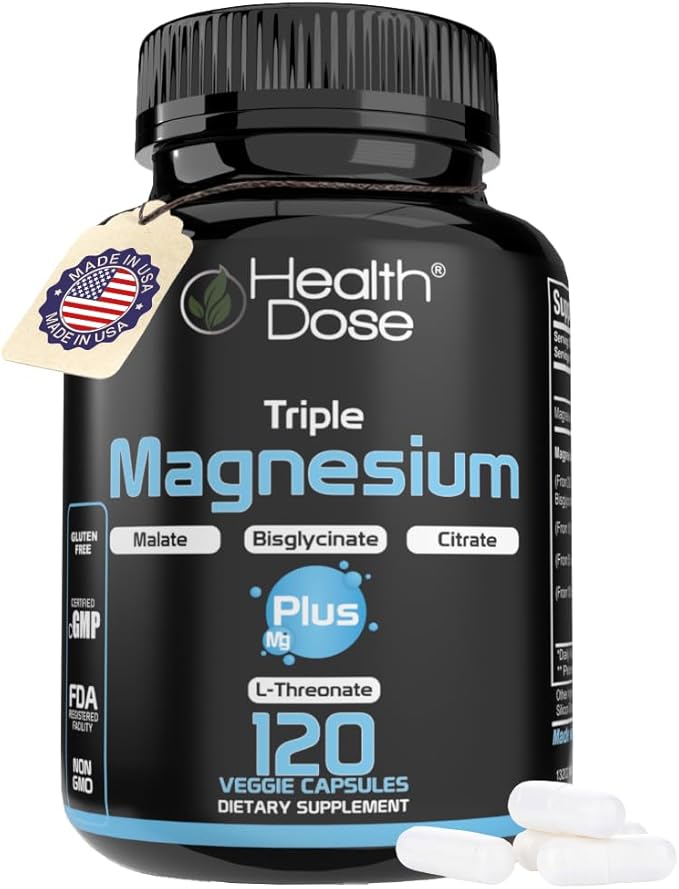 Health Dose Triple Magnesium Complex 1000 mg | L-Threonate Bisglycinate Citrate &amp Malate Blend | Support for Muscle Relaxation Sleep &amp Cognitive Function | 120 Capsules | All-in-One Formula