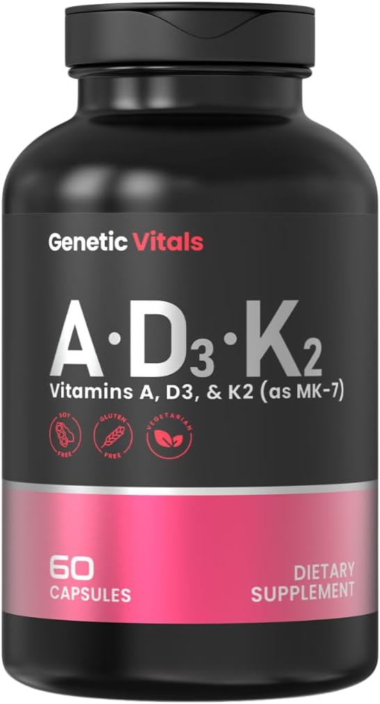 ADK - Dietary Supplement with Vitamins A D3 &amp K2 (MK-7) – Supports Bone Strength Heart &amp Immune Health – Vegetarian Gluten-Free – 60 Capsules