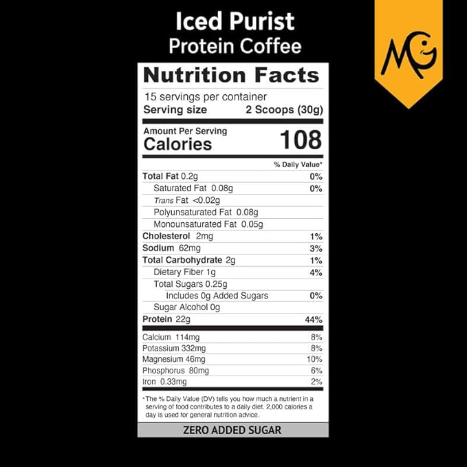MariGold High Protein Coffee - Iced Purist Flavor | 22g Grass-Fed Whey Isolate Protein 2 Shots Organic Espresso Non-GMO 108 Calories 1 Net Carb | 1 Lb Bag - 15 Servings