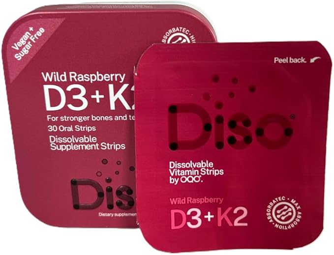 DISO - D3+K2 - Fast-Dissolving Oral Strips Wild Raspberry Flavor Vegan Sugar Free Maximum Absorption Gluten Free Individually Wrapped for Healthy Bones and Teeth 30 Dissolvable Strips