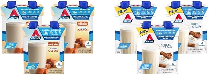 Atkins Energy Shake Creamy Caramel with Protein 4 Count(Pack of 3) and Atkins Creamy Cinnamon Swirl Protein Shake 12 Count