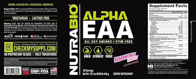 NutraBio Alpha EAA - All-Day Amino Acids for Muscle Growth and Hydration - Essential Amino Acids with Nootropics &amp Adaptogens- Full Spectrum EAA BCAA Powder - 30 Servings - Dragon Fruit