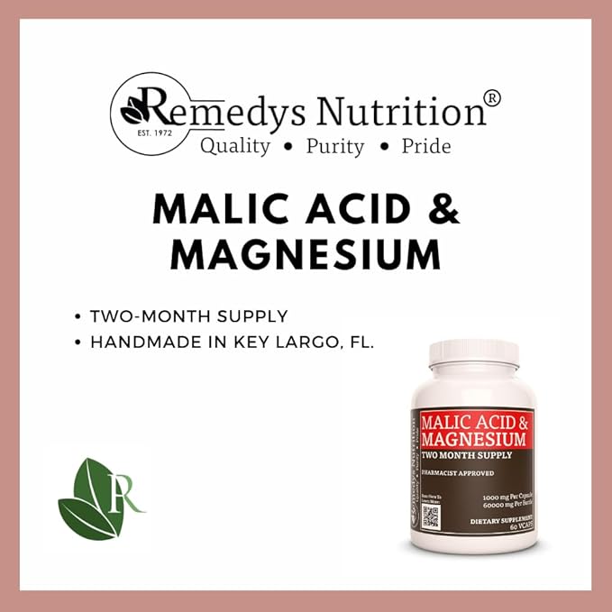 Remedy's Nutrition Malic Acid &amp Magnesium | 1000 mg 60 Vegan Capsules Dietary Supplement | Two Month Supply