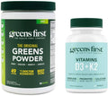 Greens First - Mint - 30 Servings - Greens Powder Superfood 49 Superfoods 15+ Organic Fruit &amp Vegetables Dairy Free Vegan &amp Non-GMO - 9.86 oz and D3+K2 Vitamins 60 Vegetable Capsules