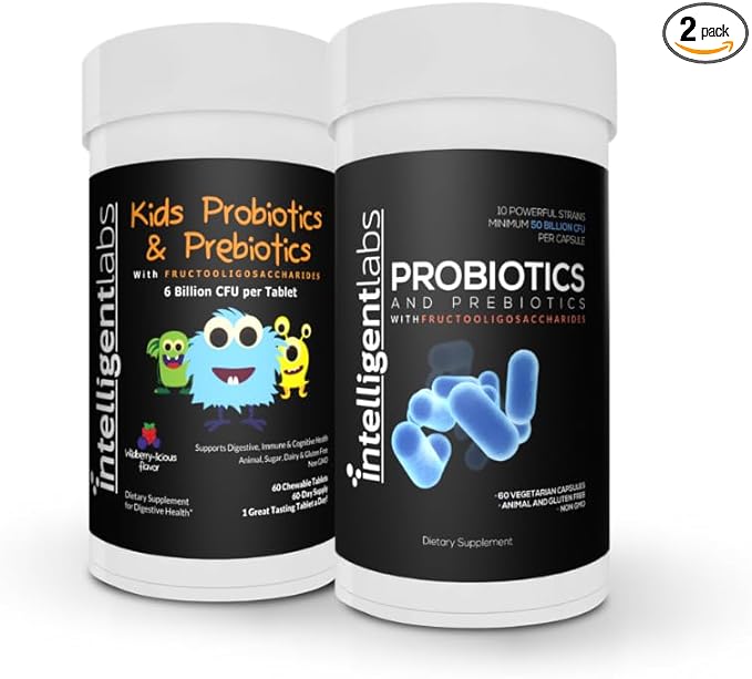 Intelligent Labs 2-in-1 Bundle of Kids Probiotics (6 Billion CFU with Hydrolyzed Guar Gum and FOS) + Adult Probiotics (50 Billion CFU 10 Strains) No Refrigeration Needed 2 Months Supply Per Bottle