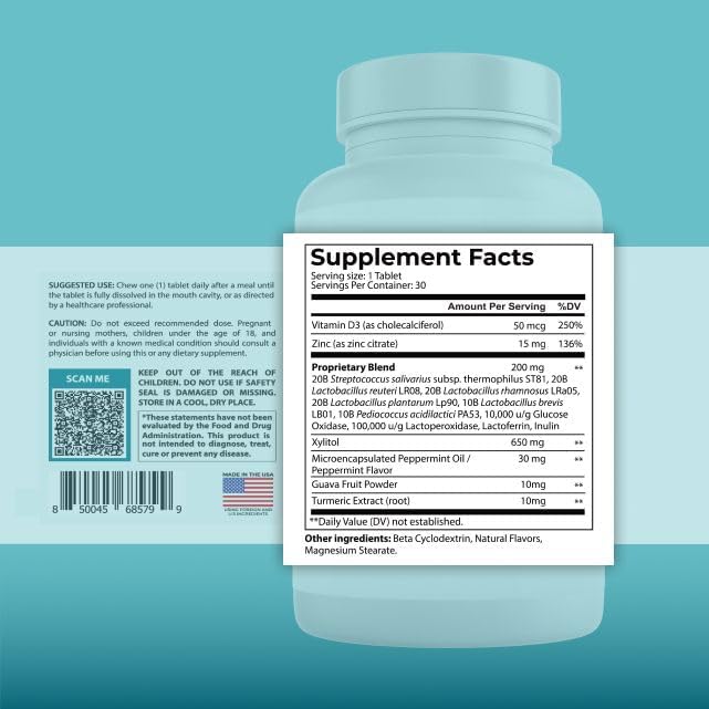 PUREHEALTH RESEARCH Oral Health Support - Dental Probiotics Supplement - for Fresh Breath Teeth &amp Gums Health - with Xylitol Vitamin D3 Zinc Peppermint Oil Guava Fruit Powder &amp More - 30
