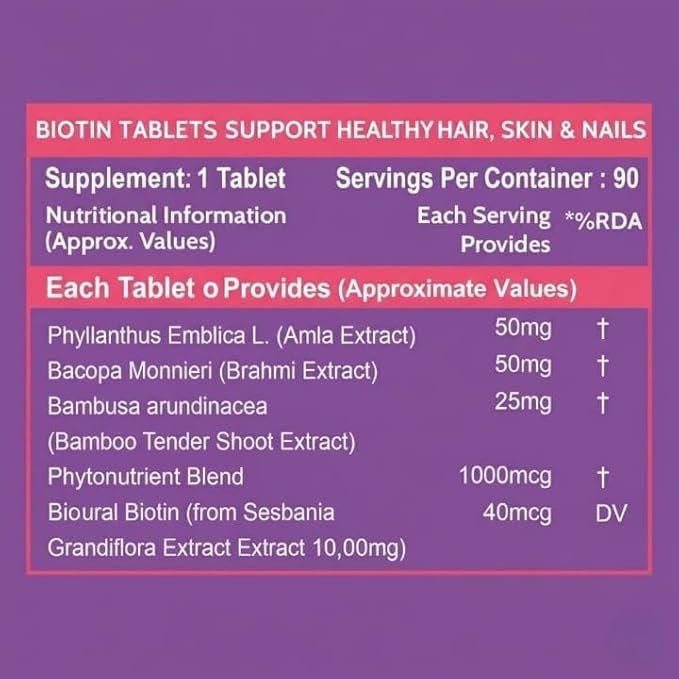 Biotin for Hair Growth with Amla Brahmi &amp Bamboo Extract - 90 Veg Tablets