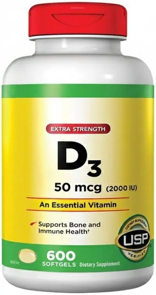 Extra Strength Vitamin D3 2000 I.U. 600 Softgels Bottle Supports Bone and Immune Health (The Sunshine Vitamin)