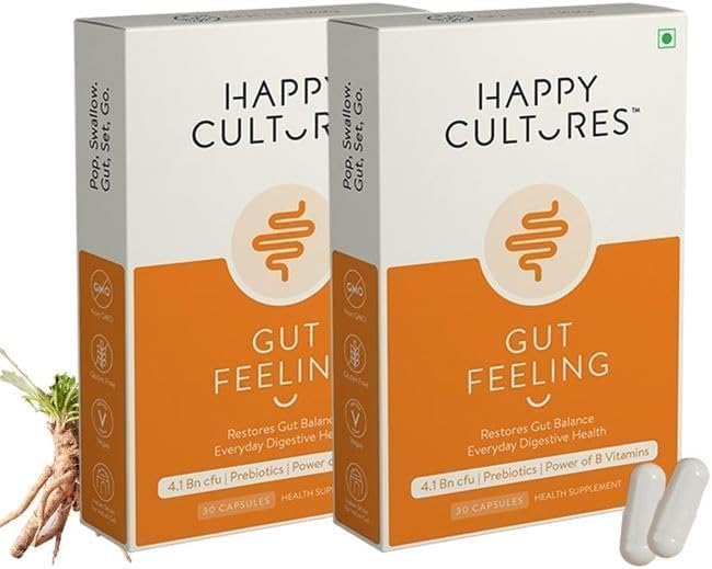 Happy Cultures Gut Feeling Digestion Supplement Probiotics Bacillus Coagulans 4.1 Billion Cfu to Help Bloating Ibs Digestion Clinically Tested - 30 Veg Capsules Pack of 2