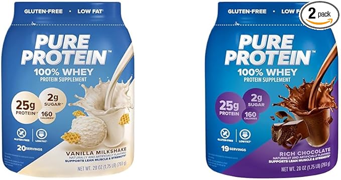 Pure Protein Whey Protein Powder Bundle Vanilla Cream &amp Rich Chocolate 25g Protein 1.75 lbs Each